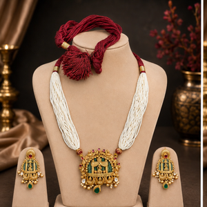 Gold Beaded Necklace and <b>Earring</b> Set with Pearl Strand Tassel Design for Wedding Ethnic Jewelry Women's\ - Product Image 1