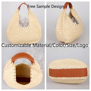 Vendita calda uncinetto bohémien mezzaluna <span class=keywords><strong>borsa</strong></span> da spiaggia semplice estate resistente <span class=keywords><strong>Beige</strong></span> paglia Tote Bag <span class=keywords><strong>con</strong></span> manico in PU per viaggi all'aperto - Product Image 2