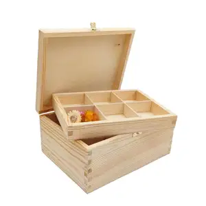 Caja de almacenamiento de madera de pino con bandeja de compartimentos caja de regalo para los amantes del té y el café