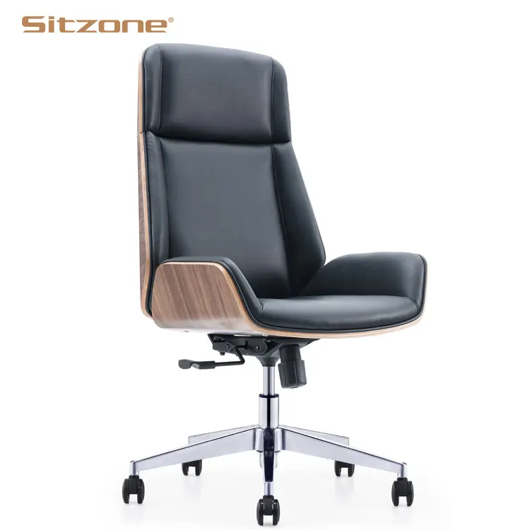 Plywood Black Computer Chair Walnut Swivel Leather Office Chair