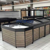 Étagères à grille autoportantes en acier et bois robustes à double face, présentoir pour aliments frais, fruits et légumes pour supermarchés