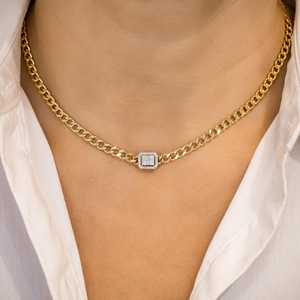 Collar de Oro Amarillo Sólido de 18k con Engaste de Diamantes y Cadena Cubana para Regalo de Boda o Compromiso - Product Image 1