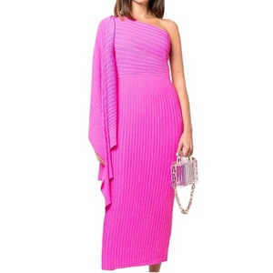 Robe midi plissée en maille asymétrique à une épaule, coupe crayon ajustée, couleur unie, élégante, pour soirée d'été, rose, pour femme - Product Image 3