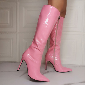 Pointy Toe Cute Women Boots Calf High Patent Leather High-heeled <b>Shoes</b> Long Knee Wide Leg Feet Size 14 - Product Image 3