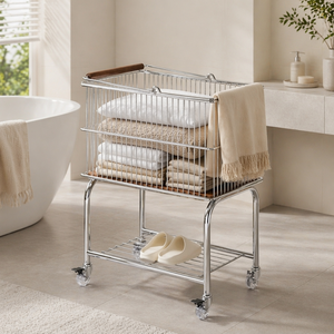 Carrito de Lavandería Rodante Resistente <span class=keywords><strong>para</strong></span> el Hogar, con Estructura de Acero Inoxidable y Cesta de Alambre <span class=keywords><strong>para</strong></span> Almacenamiento en Baños y Hoteles - Product Image 1