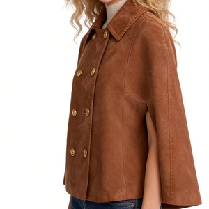 Abrigo tipo capa de mujer de gamuza marrón vintage de corte holgado con doble botonadura y cuello con hebilla metálica, a la moda - Product Image 3