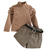Ensemble 3 pièces pour bébé fille, nouveau style d'automne, haut à col haut uni tendance et décontracté + short pied-de-poule