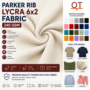 Tissu Parker Rib Lycra 6x2, 240 GSM, tissu extensible tricoté pour vêtements, pour t-shirts et polos, coton extensible de poids moyen - Product Image 1