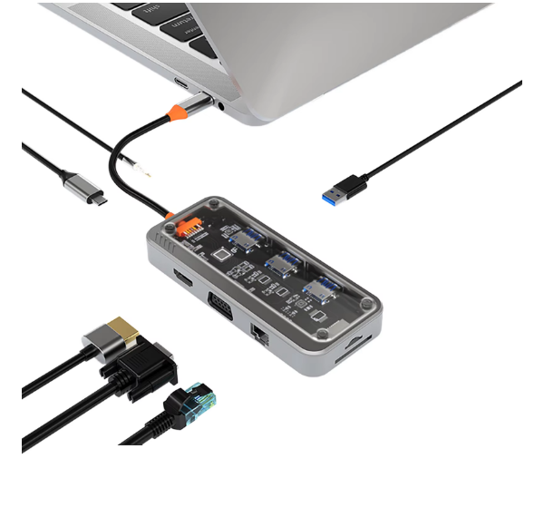 D2167 Transparent 10 in 1 Type c Usbc Usb C/usb 3.0 Hub with rj45+TF Sd carder+PD100w charge