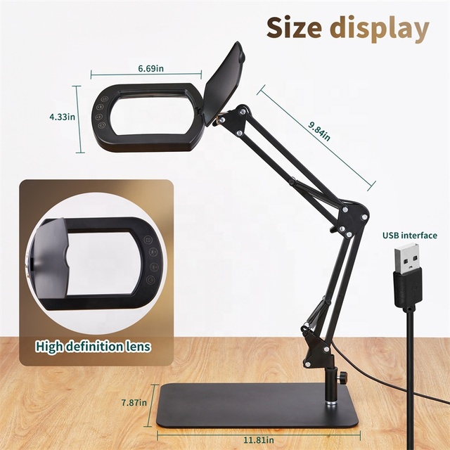 Professional OEM CE Metal Adjust Arm Magnifier Desk Lamp 2-in-1 5 Mode Dimming Magnifying Glass Lamp for Laboratory Beauty Salon
