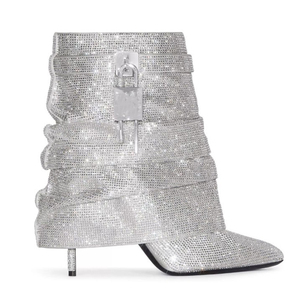 Botines cortos de tacón alto y fino para mujer con diamantes, botines de tobillo con cierre de tiburón para niña, zapatos con parte superior plisada superpuesta - Product Image 6