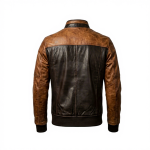 Blouson aviateur en cuir véritable pour homme, style motard, col montant, fermeture éclair, couleur unie, coupe classique, automne - Product Image 6