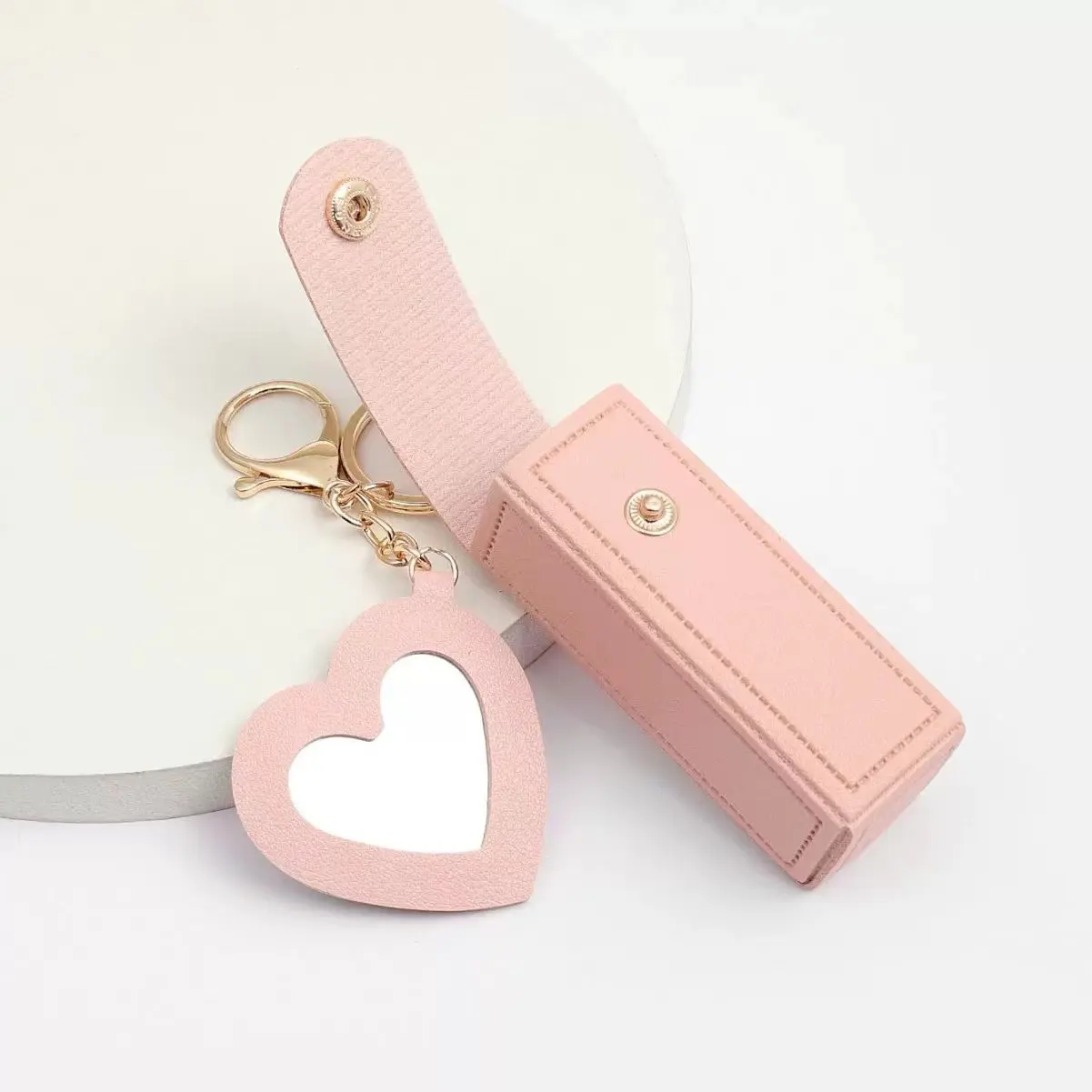 Bán Buôn PU Da Gương Lip Balm Chủ Keychain Son Môi Bìa Màu Hồng Son Môi Trường Hợp Với Gương