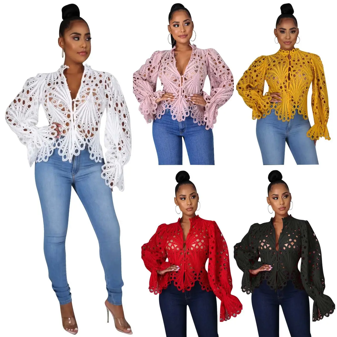 Women Sexy Hollow Out Tops Solid Party Club Shirts Ruffles Sleeves Ladies Blouses Fall 2022 Women Clothes