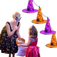 Topi Penyihir Halloween dengan Pola Jaring Laba-laba, Hiasan Perunggu dan LED Bercahaya