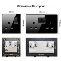 Prise murale industrielle de luxe en verre trempé noir, 4 prises électriques UK 13A, avec USB Type-C universel 18W