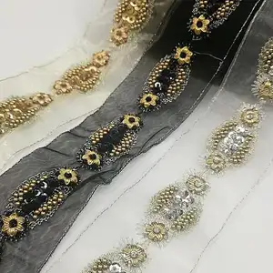 3D beaded lace trim, bridal ivory alencon lace trim, sequined wedding trim lace