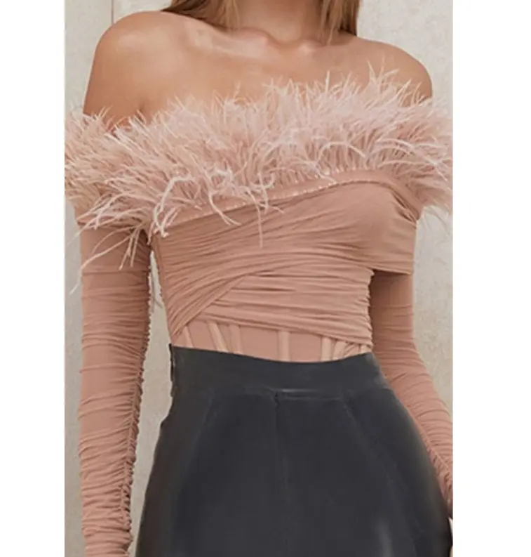 Fashion chic ladies blush off the shoulder feather bodysuit strapless sexy backless women top