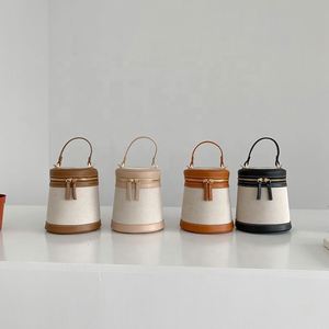 Customized LOGO Canvas Splicing PU Leather <b>Handbag</b> High Quality Fabric Tote Bag Crossbody Fashion Cylinder Bucket Bag - Product Image 1