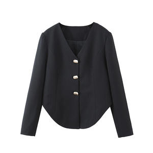 Ensemble de costume pour femme Runqi N8473, satin noir, col en V, épaulettes rembourrées, taille plus, couleur unie, style rétro pour femme adulte - Product Image 4