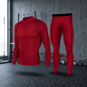 Conjunto de Compresión de 2 Piezas Rojo para Hombre, Camiseta de Manga Larga con Cuello Redondo, Pantalones Largos, Sin Costuras, Elásticos, de Secado Rápido, para Yoga y Fitness - Product Image 1
