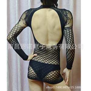 Body de mujer sexy con aberturas, manga larga, negro, transparente, lencería moldeadora, de una pieza, a la moda - Product Image 3
