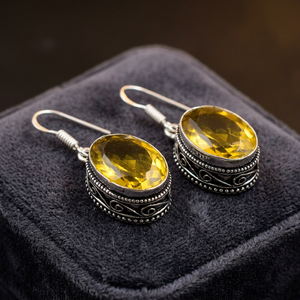 Vintage Oval Cut Lemon Topaz Drop <b>Earrings</b> Antique Silver Plated Women's Jewelry - Product Image 1