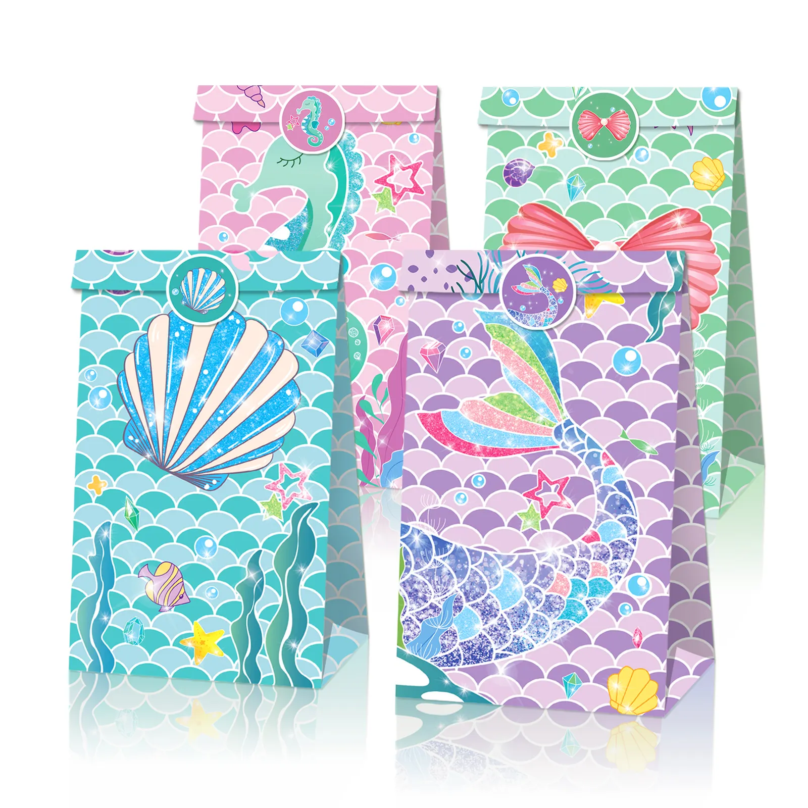 Huancai Mermaid Party Favors Bag sea horse starfish shell design paper bags Gift Candy Treat Bag with Stickers for kids birthday