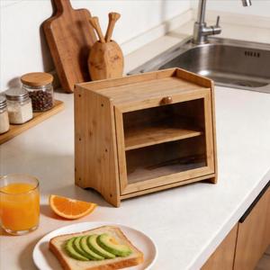 Boîte à pain en bambou double couche couleur naturelle 40x22x33 rangement multifonctionnel pour la cuisine - Product Image 1
