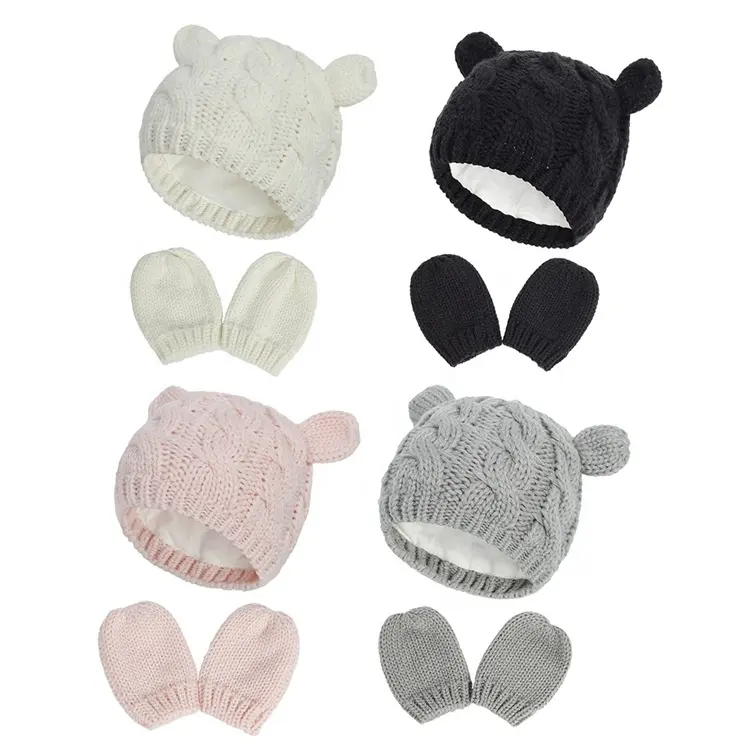 Girls Boys Unisex Plain Solid Color Ears Autumn Winter Knitted Hat Mittens Baby Childrens Winter Hat Gloves Set