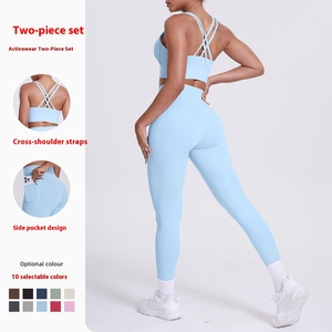 Pantalones de yoga deportivos europeos y americanos, sexy, con tirantes cruzados, color liso, conjunto de fitness, talla grande, con bolsillo trasero. - Product Image 2