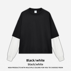 تي شيرت رجالي من القطن الخالص بأكمام طويلة قطعة ملونة واسعة مربع قصير قصير منسوج عبر الحدود - Product Image 5