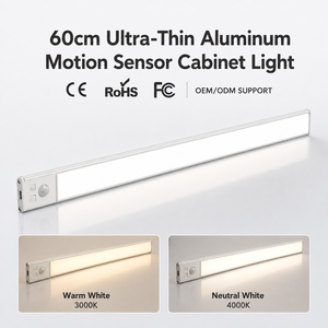 Barre lumineuse LED ultra-mince en aluminium de 60 cm avec détecteur de mouvement, sans fil, rechargeable, haute luminosité, à intensité variable pour cuisine - Product Image 1