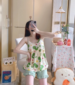 Pajamas Women's Summer Sling Shorts Chest Pad Cute Peach Milk Silk Polyester Cool Loose Lovely Foreign Trade Cross-border Suit - Product Image 2