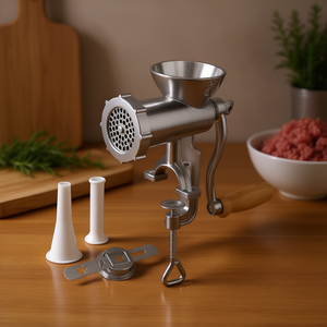 Juego de picadora de carne Metaltex con accesorio para prensar galletas, embudo para salchichas, manivela de madera y abrazadera para mesa - Product Image 3