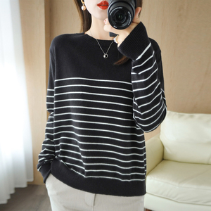 <span class=keywords><strong>Pull</strong></span> en coton tricoté 100% pour <span class=keywords><strong>femme</strong></span>, rayé, col rond, grandes tailles, coupe ample, manches longues, élégant - Product Image 4