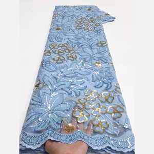 Ni. Ai màu xanh lá cây và vàng chuỗi nhung Net ren Nigeria Chất liệu ren thêu vải cho phụ nữ Ăn mặc - Product Image 4