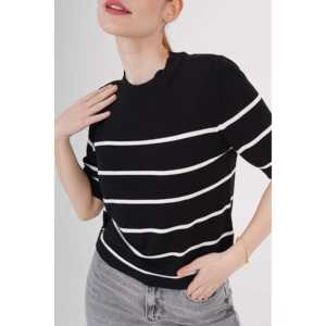 Blusa de Punto a Rayas de Manga Corta para Mujer al por Mayor, Color Negro - Product Image 3