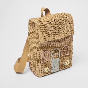 Mini Mochila de Paja para Mujeres, Niñas y Estudiantes con Diseño de Casa Bordada y Forro de Poliéster Tejido - Product Image 1