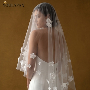 YouLaPan Velo de novia corto de una sola capa con flores 3D y perlas, sin peine, de tul suave, accesorios de boda, cubrecara para mujer <span class=keywords><strong>M153</strong></span> - Product Image 1