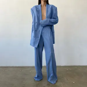 Enyami High Street Herbst Frühling Freizeit Blau Weiß Gestreift Passend Co Orden Frauen Boxy Blazer Bluse Hemd Und Hose 2-teilige Sets