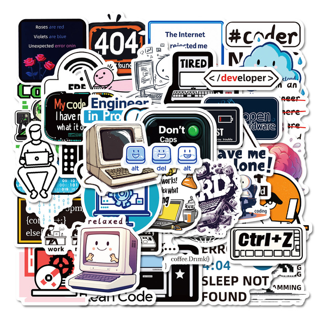 50PCS Computer Programmer PVC Self Adhesive Stickers for Laptop Case Helmet Phone Case Suitcase Refrigerator and Books