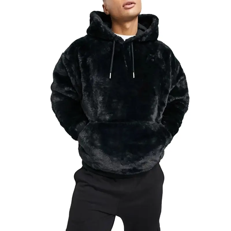 Winter Fashion Faux Fur Fluffy Hooded Unisex Sweatshirt Custom Soft Comfortable Velvet Black Hoodie Sweaters Men