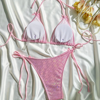 Traje de baño brillante de dos piezas para mujer Bikini sexy de color sólido con lazo y lentejuelas Spandex/conjunto de 2 piezas de nailon