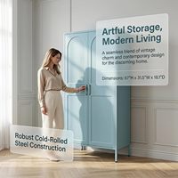 Armoire Métallique Haute Vintage Bleue Verrouillable, Autoportante, en Acier Laminé à Froid, avec Portes à Charnières Arquées Gaufrées et Pieds Surélevés, pour la Maison