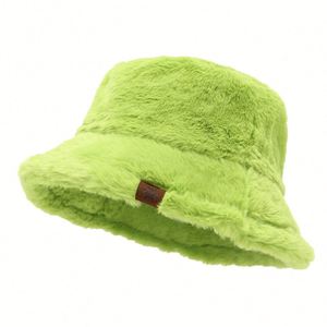 Hot Selling Women Lady Winter Fuzzy Furry Bucket <b>Hat</b> with Custom Logo Vegan Suede Leather Label - Product Image 5