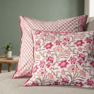 PRABHAVA Luxury Hand Block Bohemian Vintage Floral Cotton Washable Throw <b>Pillow</b> Cover 16x16 <b>Square</b> Zipper 400TC Decor - Product Image 2