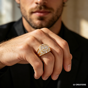 Luxury Yellow <b>Gold</b> <b>Cocktail</b> <b>Ring</b> With Baguette Cut Diamonds Pave Setting Geometric Design Unisex Jewelry - Product Image 4