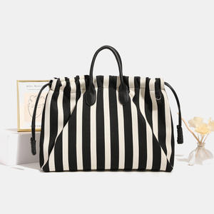 Sac fourre-tout patchwork en toile et cuir à rayures multicolores style rétro design avec cordon de serrage série épaule et sac à main pour femmes - Product Image 2