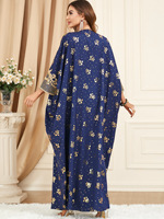 Nouvelle Abaya Kaftan musulmane de Dubaï - Robe longue islamique bleu marine à imprimé floral doré, col en V, patchwork de dentelle et manches chauve-souris pour l'Aïd et le Ramadan